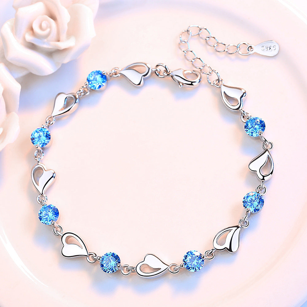 Women’s Blue Heart Bracelet – Hollow Heart Silver-Plated Jewelry