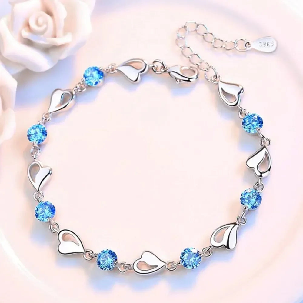 Women’s Blue Heart Bracelet – Hollow Heart Silver-Plated Jewelry